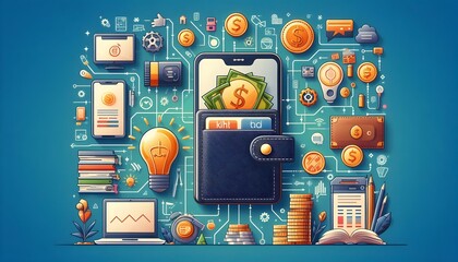Digital wallet icon surrounded by a network of interconnected devices, illustrating the seamless integration across platforms, Wallet icon network devices, Connected finance,generative Ai