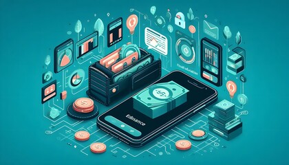 Digital wallet icon surrounded by a network of interconnected devices, illustrating the seamless integration across platforms, Wallet icon network devices, Connected finance,generative Ai