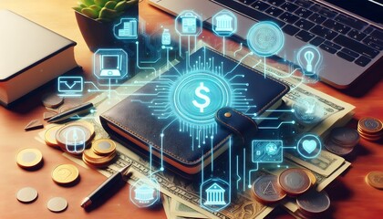 Digital wallet icon surrounded by a network of interconnected devices, illustrating the seamless integration across platforms, Wallet icon network devices, Connected finance,generative Ai