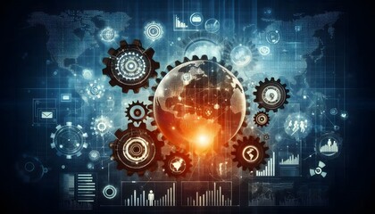 Abstract depiction of global economy symbols interconnected by policy gears, concept of international economic strategy generativeAi