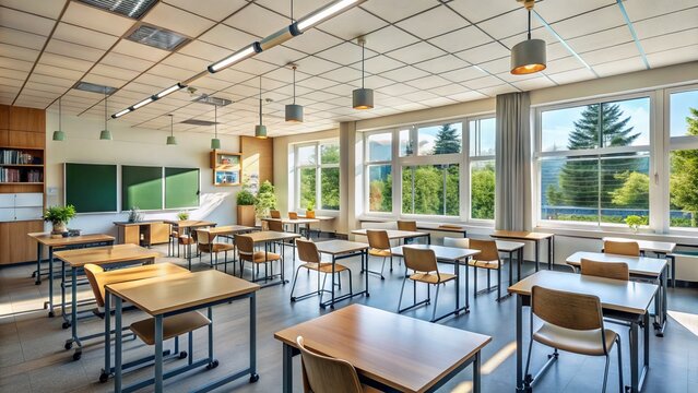 Rows of neatly arranged desks and chairs fill a well-lit high school classroom with inspirational posters and a whiteboard at the front wall.