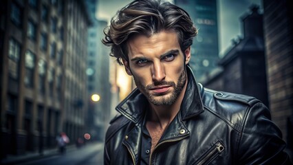 Obraz premium Rugged male model with chiseled features and messy hair wears a black leather jacket, posing against a dark urban background with intense gaze.