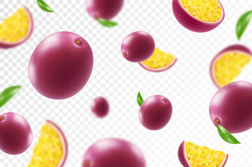 Flying ripe passion fruit. Bright advertising background falling juicy passion fruit, realistic illustration with blurred effect. 3d vector design for advertising banners and web page design