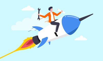 Solopreneur solo entrepreneur, working alone or startup business owner, founder or entrepreneurship, independent developer, freelancer concept, businessman entrepreneur launching company rocket alone