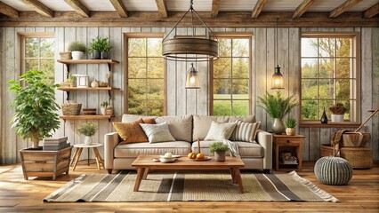 Rustic farmhouse living room mockup frame with cozy decor and natural lighting