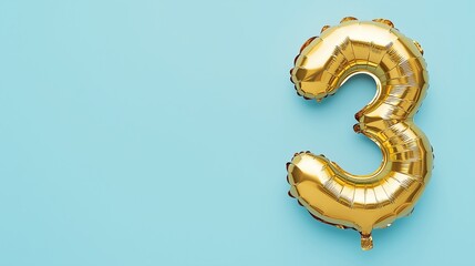 Gold balloon number 3 with copy space, third years anniversary on blue background. Party, birthday, celebration and wedding banner