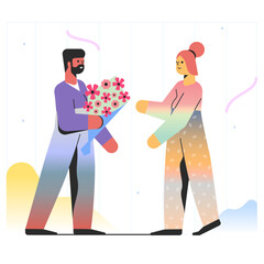 Man giving a bouquet of flowers to woman