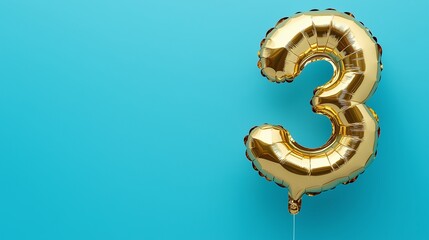 Gold balloon number 3 with copy space, third years anniversary on blue background. Party, birthday, celebration and wedding banner