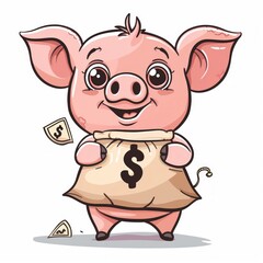 Fototapeta premium Cute pig cartoon character holding money bag with dollar around. Adorable animal and business concept design. Isolated white background. Vector art illustration