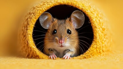 A cute brown mouse with big ears peeks out of a yellow knitted hole.