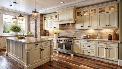 Rustic kitchen features cream-colored Shaker-style cabinets adorned with ornate hardware, adjacent to a natural stone backsplash and warm hardwood flooring.