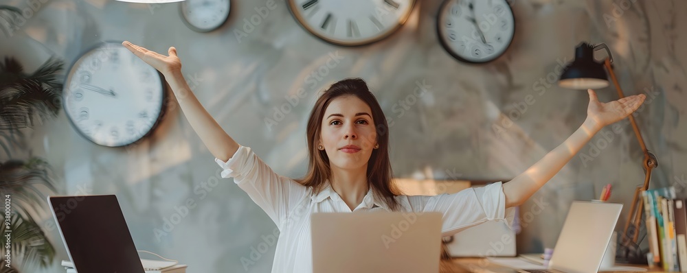 Poster focused professional efficiently multitasking and balancing deadlines in productive workspace