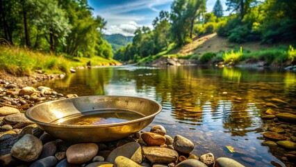 Rustic metal gold pan filled with dirt and water, surrounded by river rocks and lush greenery, on a wooden table near a serene riverbank.