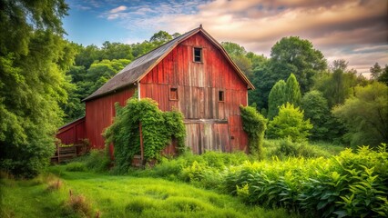 Obraz premium Rustic rural scenery featuring a faded red barn wall with weathered wooden planks, surrounded by lush green foliage and a serene countryside atmosphere.