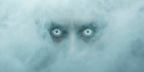 A haunting apparition emerges from the shadows, surrounded by swirling mist and luminous eyes watching intently from the depths of the night.