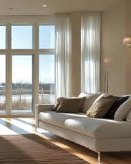 Fototapeta premium Create a modern living space with a minimalist approach, showcasing a sleek sofa positioned against a backdrop of smooth, neutral-colored walls. Large, unadorned windows should allow natural light to