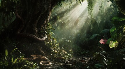 Serpent in Sunlit Jungle Clearing - A large snake winds around an ancient tree in a sunlit jungle clearing, with beams of light filtering through the dense foliage.