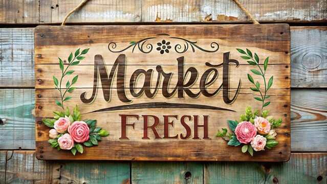 Rustic wooden sign with distressed vintage font spelling "Market Fresh" in bold, cursive letters, adorned with ornate flourishes and faded flowers on a worn background.