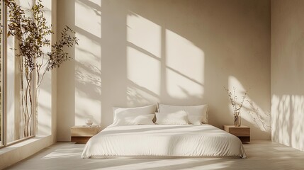 Design a contemporary bedroom scene featuring a minimalistic bed with crisp, white linens, placed against a smooth, light-colored wall. Natural light from large windows should softly illuminate the
