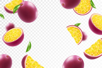 Flying ripe passion fruit. Bright advertising background falling juicy passion fruit, realistic illustration with blurred effect. 3d vector design for advertising banners and web page design
