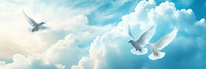 Two white doves against a blue sky with clouds. International Day of Neutrality. Horizontal banner. Copy space. Resolving international conflicts by peaceful means, stop war concept. World Peace Day