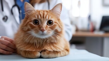 Cat sitting calmly on an examination table, being checked for skin issues by a vet, skin health check, veterinary prevention