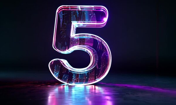 Shimmering transparent 3D number five is on a dark background