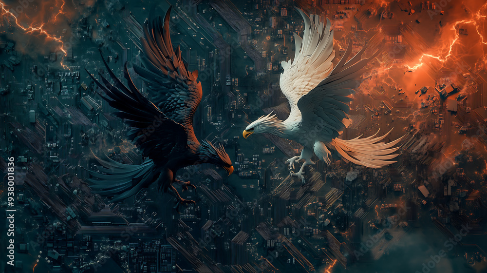 Aufkleber a dramatic visual of white and black eagles clashing over a circuit board, symbolizing the tech conf