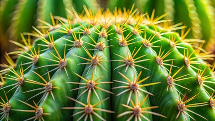 Closeup of sharp spines on a green cactus plant, nature background with cactus spines