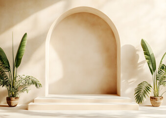 Interior space with a modern mid century arch and empty wall for mock up. Light beige room, and lush green tropical plants .