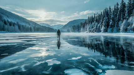 
a person stands in front of a lake with snow covered mountains in the background.
