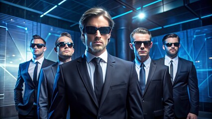 Secretive Agents In Dark Suits And Sunglasses Stand Guard, Protecting A Secure Location With High-Tech Surveillance Equipment In The Background.