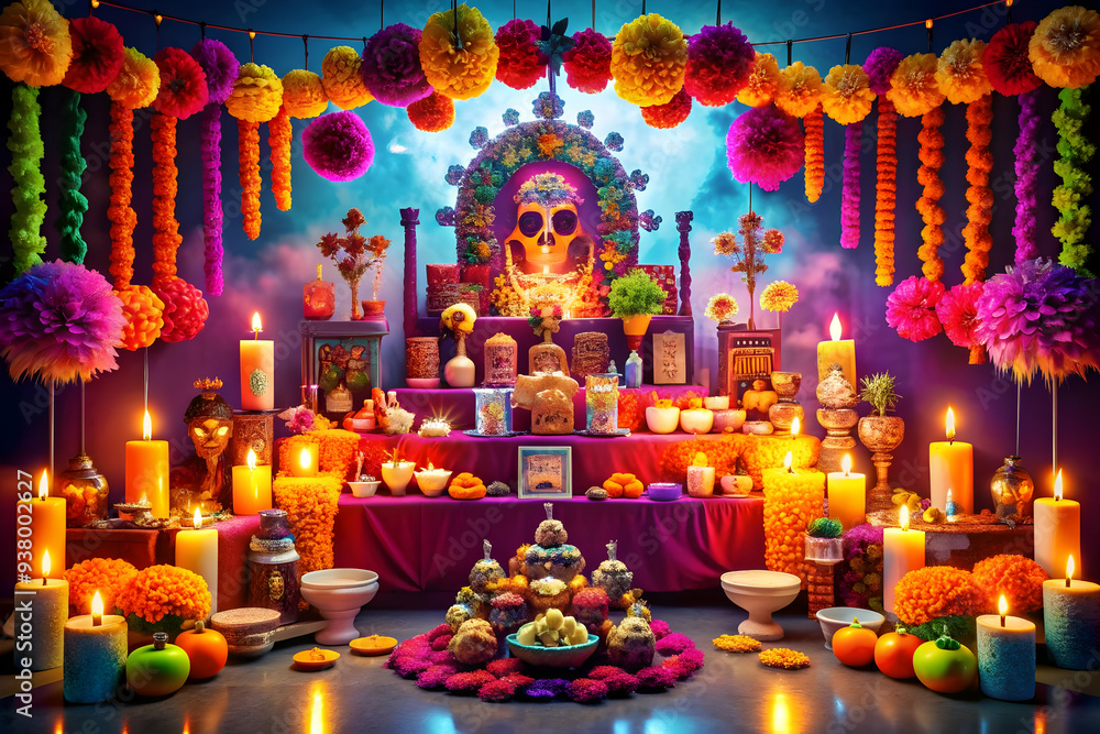 Poster neon altar with digital glowing elements concept as an abstract digital artwork of a traditional dia