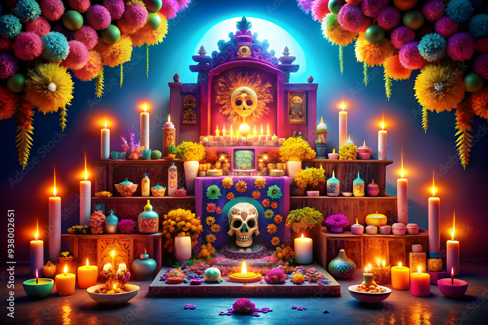 Poster neon altar with digital glowing elements concept as an abstract digital artwork of a traditional dia