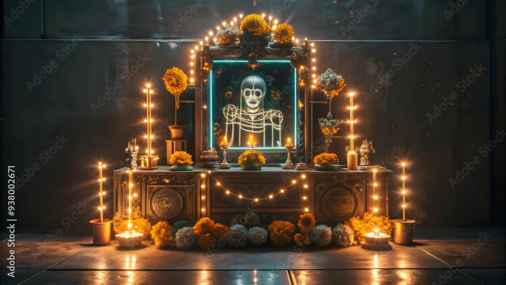 Poster neon altar with digital glowing elements concept as an abstract digital artwork of a traditional dia
