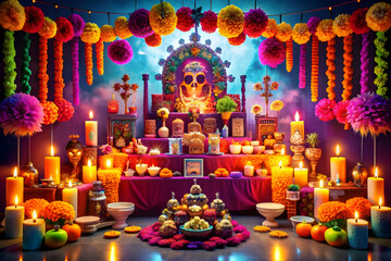 Neon Altar with Digital Glowing Elements concept as An abstract digital artwork of a traditional Dia de Muertos altar enhanced with neon glowing elements and abstract patterns representing the fusion 