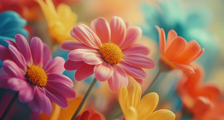 Fototapeta premium Morning Beauty - Blue and Pink colorful Flowers with Dew Drops