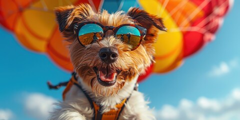Happy dog in the sky with a parachute