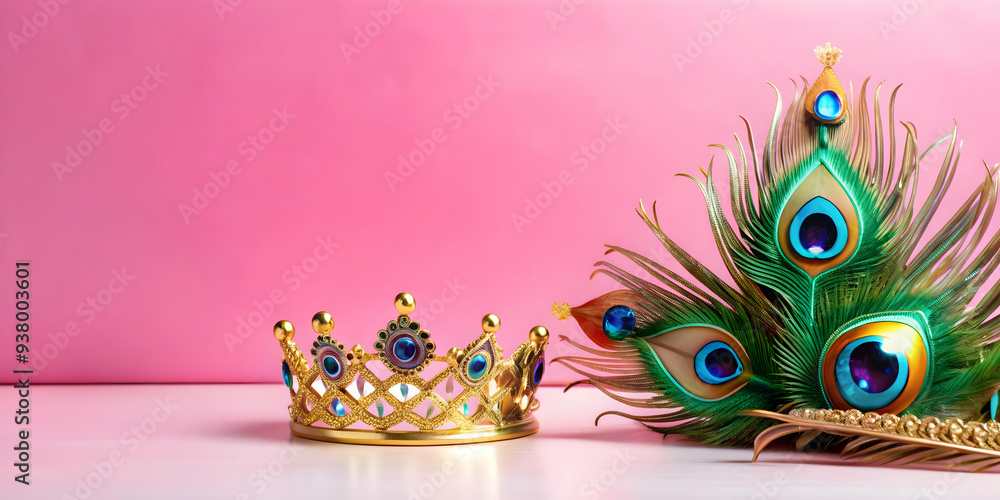 Poster peacock feather and crown border frame concept as horizontal frame with a peacock feather on one sid