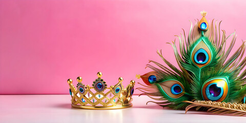 Peacock Feather and Crown Border Frame concept as Horizontal frame with a peacock feather on one side and a crown on the other creating an elegant and royal Dussehra themed copy space focusing on beau