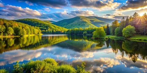Serene and tranquil, a majestic lake nestled among lush green forests and rolling hills in the picturesque Catskill mountains, glowing with warm morning sunlight.