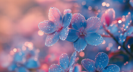 Morning Beauty - Blue and Pink colorful Flowers with Dew Drops