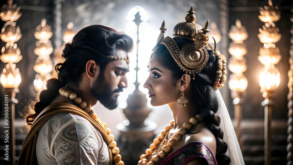 Poster ram and sita silhouette frame concept as vertical frame with silhouettes of ram and sita on opposite