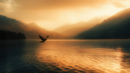 A majestic eagle diving towards a pristine lake, sharp talons extended, against a backdrop of dramatic mountain ranges