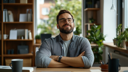 Obraz premium A confident man with glasses, arms crossed, leans back and relaxes at his desk in a bright, modern office setting.