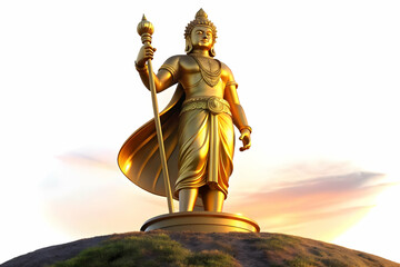 Ramas Victory at Twilight concept as Wide shot of a statue of Rama standing victorious on a hilltop at twilight with a glossy finish on the statue enhancing the golden hues of the setting sun symboliz