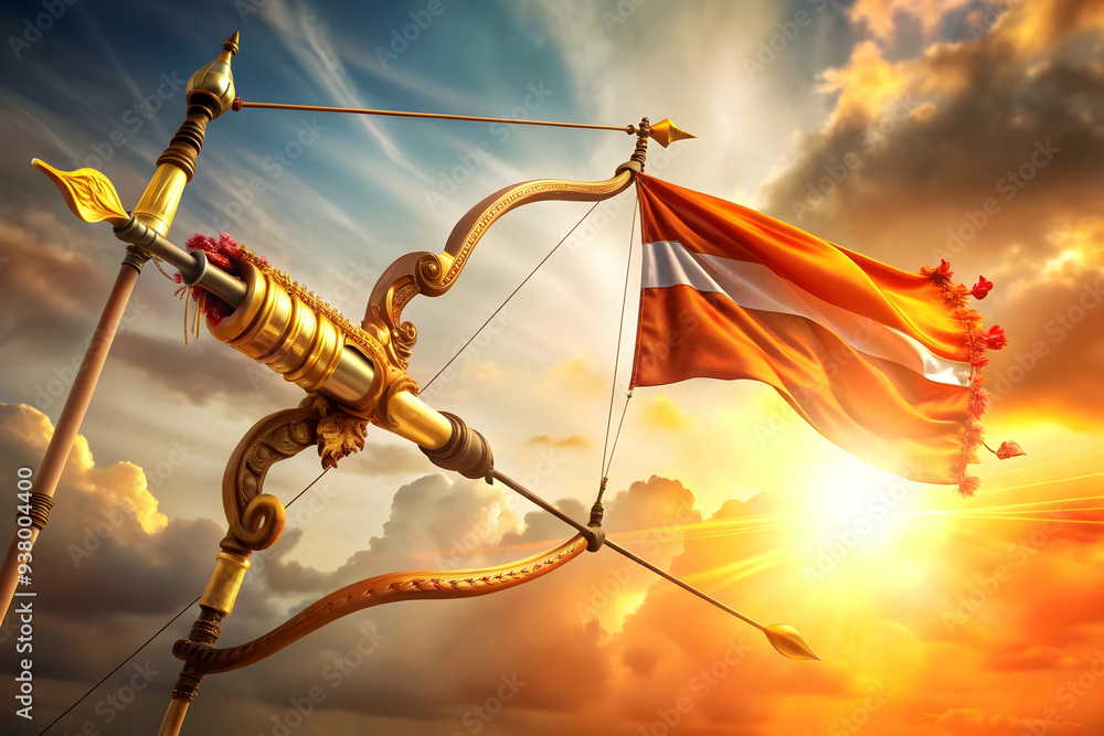 Poster rams bow and victory flag frame concept as horizontal frame with rams bow on one side and a victory 