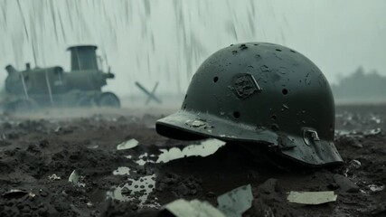 Rain falling on damaged military helmet on battlefield - Powered by Adobe