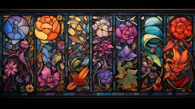 Stained Glass Floral Tapestry: A mesmerizing panorama of vibrant stained glass panels, each showcasing exquisite floral motifs in a kaleidoscope of colors. This intricate artwork evokes a sense of bea