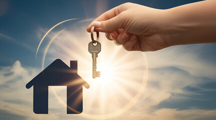 Handing over Key, Hand holding a key, close-up with sunshine and home background/ concepts of future, ownership, home, and real estate